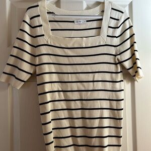 Nine West Black and Cream Striped Short Sleeve Top